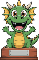 Cartoon illustration of a green dragon trophy with a wide smile and open arms