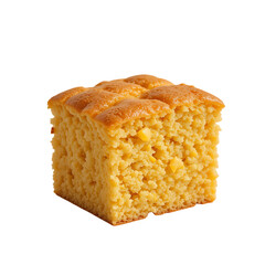 Golden brown cornbread cube showing textured crumb and visible corn kernels