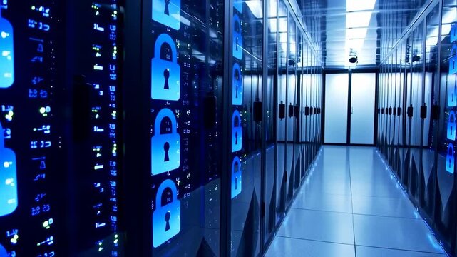 Data Center Security: Server Room with Padlock Icons for Cyber Protection