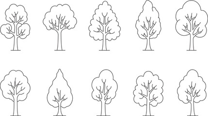 Minimal Tree Line Icons Set Hand-Drawn Tree Silhouette Collection for Landscape and Architecture Vector PNG Design