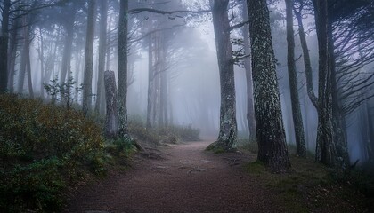 Naklejka premium mystical embrace of a fog laden forest where hidden pathways beckon and whispers of ancient trees dance in mist