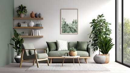close-up of a Scandinavian living room with minimalist decor, color tones: cool white, ash gray, and soft pine green