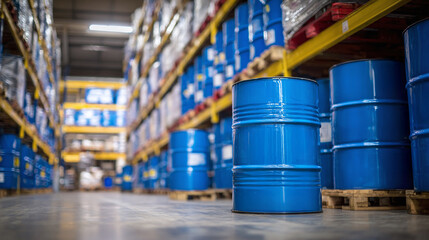 Warehouse storage of hazardous materials. Palletized blue chemical drums with flammable hazard warning labels, indicating safety protocols in industrial settings.
