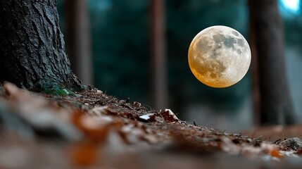 Mystical Forest Moon Glowing orb rising above a tree trunk in nature with dreamy scene.
