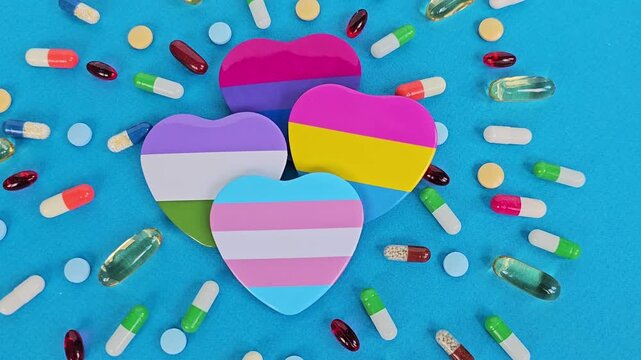 Colorful heart shapes surrounded by diverse pills and capsules on a vibrant blue background