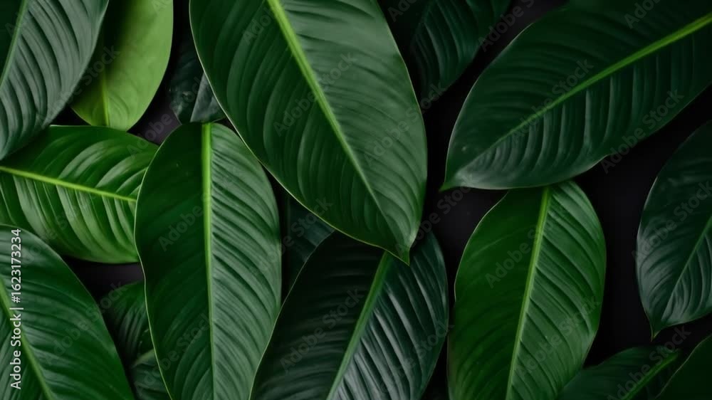 Poster abundance of green leaves with intricate veins creating a natural pattern on dark background with fl