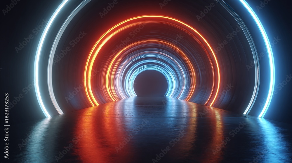Poster glowing circular tunnel: an abstract shot of a tunnel of light. features glowing circles in hues of 
