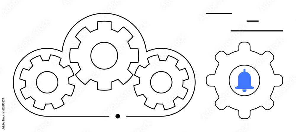 Poster interconnected gears inside a cloud outline and a gear featuring a notification bell. ideal for tech