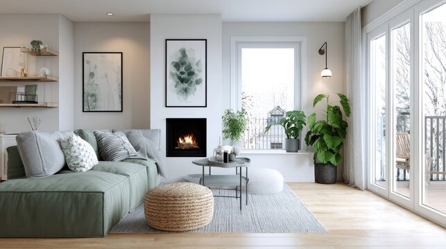 close-up of a Scandinavian living room with minimalist decor, color tones: cool white, ash gray, and soft pine green