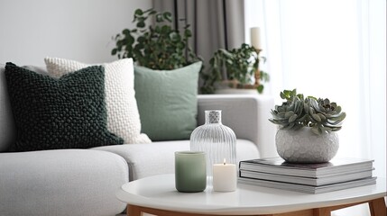 close-up of a Scandinavian living room with minimalist decor, color tones: cool white, ash gray, and soft pine green