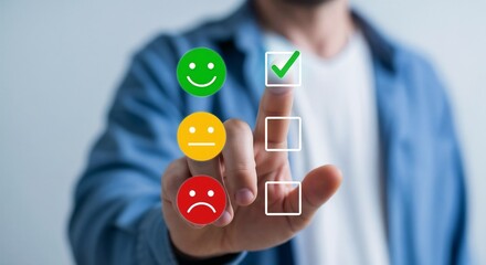 Man choosing green happy smile face icon. feedback rating and positive customer review experience, satisfaction survey. mental health assessment. world mental health day concept.	
