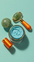 Teal Under Eye Cream Jar with Rose Gold Jade Roller on Aqua Background Ideal for Brightening and Revitalizing Tired Eyes with Luxurious Skincare Experience