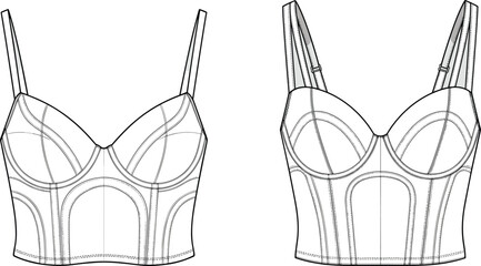 PrintFashion technical flat of women's bustier top, front and back view, stylish lingerie design, trendy apparel sketch, garment blueprint