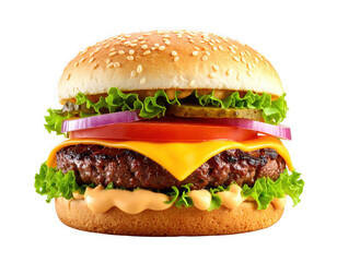 Classic beef cheeseburger with lettuce tomato onion and sauce isolated on transparent background