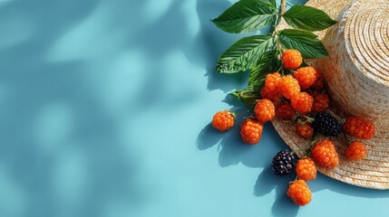 Summer Picnic with Fresh Fruits and a Straw Hat Set Against a Vibrant Teal Background Perfect for Seasonal Celebrations and Outdoor Gatherings