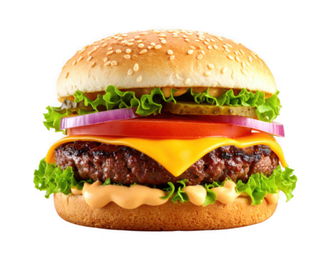 Classic beef cheeseburger with lettuce tomato onion and sauce isolated on transparent background