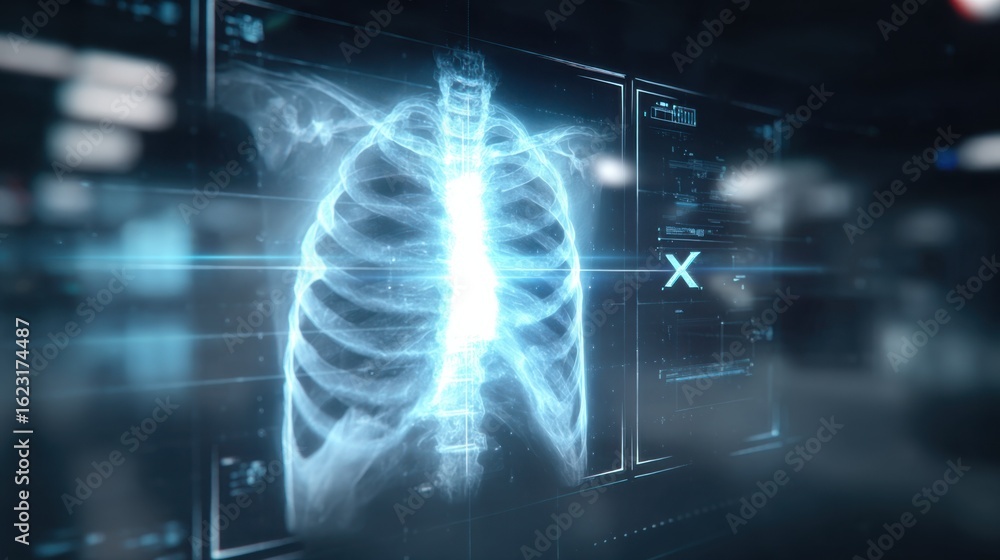 Poster sharp medium shot of a nextgen digital xray detector displaying now launched surrounded by subtle bl