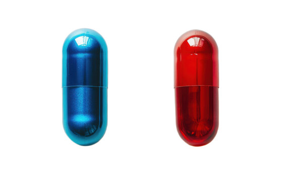 Blue pill and red pill supplement isolated on white background, png - Powered by Adobe
