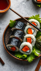 Close-up of delicious vegetable sushi roll, held with chopsticks, against a black background; vibrant food photography.