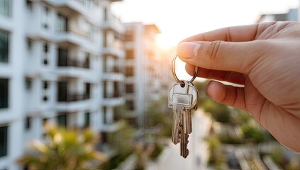 Hand holding keys, apartment complex in background