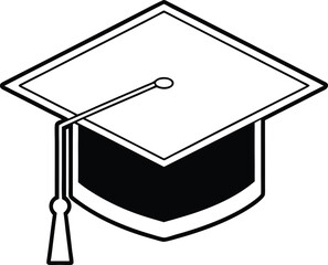 A detailed black and white line art illustration of a classic graduation cap, complete with a tassel hanging from the top.