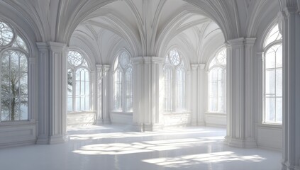 Obraz premium Grand, white, arched hall with large windows. Sunlight streams in