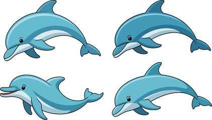 Illustration of four cartoon dolphins in different poses on a white background