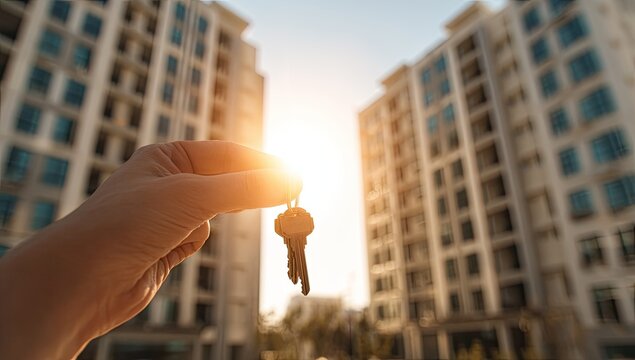 A hand holds house keys against a backdrop of modern high-rise buildings, bathed in sunlight