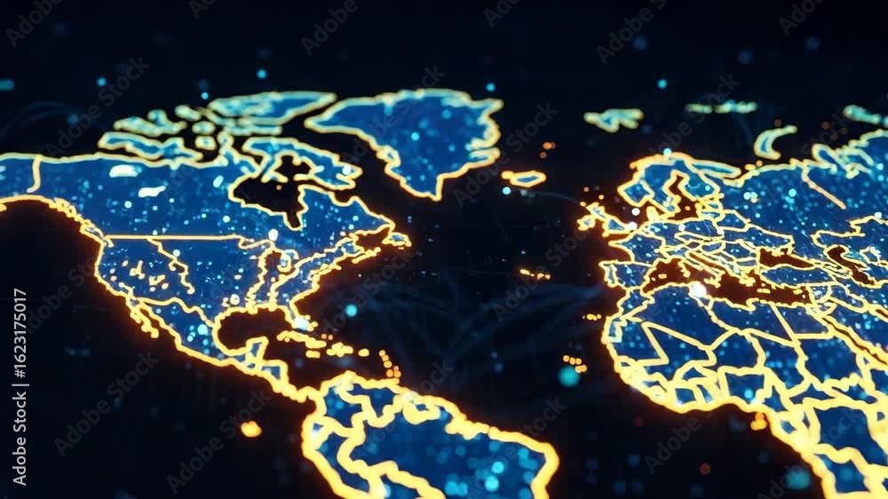 Poster a vibrant digital map of the world showcasing glowing blue and orange lines representing connectivit