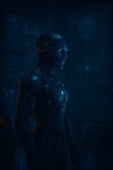 Fototapeta premium Futuristic Humanoid Robot Analyzing Holographic Data Screens in High-Tech AI Control Room