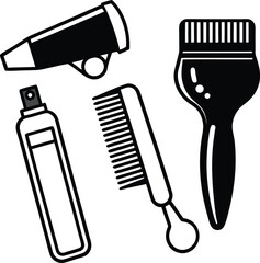 A set of black and white icons of professional hairstyling tools, including a comb, a spray bottle, and two types of hair dryers or brushes.