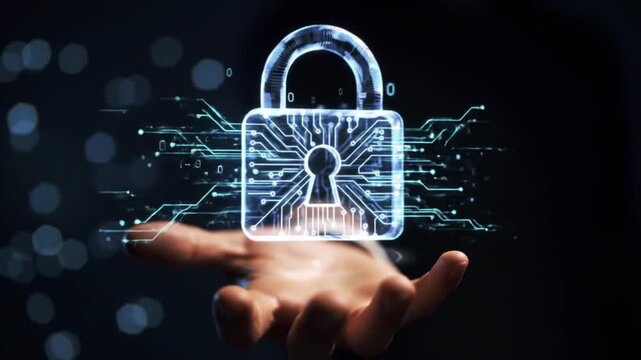 Futuristic digital padlock icon with circuit board details levitating over a person's hand, symbolizing cybersecurity and data privacy.