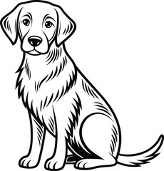  A clean, black and white line art illustration of a loyal labrador retriever dog sitting patiently, with fine details capturing its fur and a gentle expression.