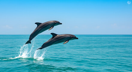 A Captivating Moment: Two Dolphins Leaping Gracefully From the Azure Waters Showcasing Freedom