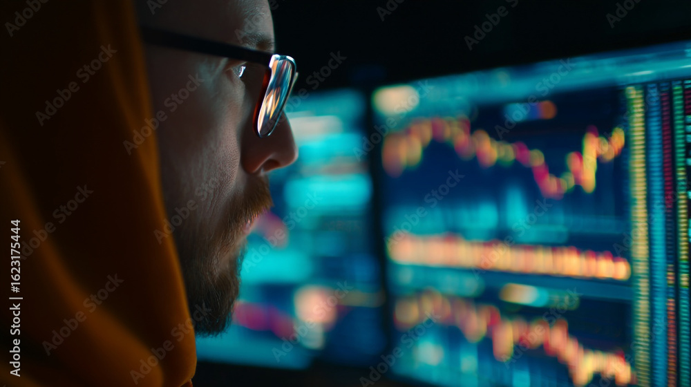 Poster a focused man with glasses looking at multiple computer screens displaying stock market data charts