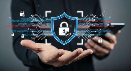 Cybersecurity concept. Hand showing glowing padlock and password symbols on laptop, cybersecurity, data protection, secure online access. Datafile environment, information privacy, internet network.	
