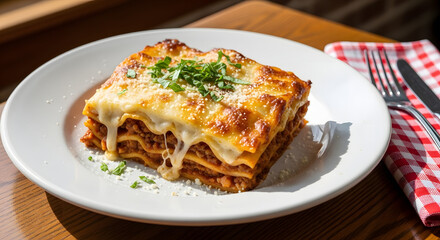 Close-up of freshly baked lasagna with melted cheese and vibrant herbs on a bright white plate on