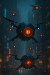 Fototapeta premium Futuristic AI Surveillance Drones Flying Through Cyberpunk Cityscape at Night