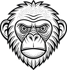 A highly detailed and expressive line art depiction of a chimpanzee's face, highlighting its textured fur, thoughtful wrinkles, and an intense, direct gaze.
