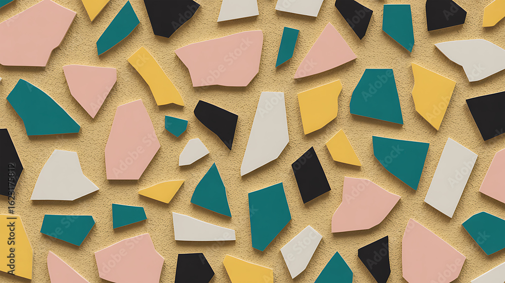 Poster colorful abstract shapes scattered over a textured background creating a modern and geometric patter