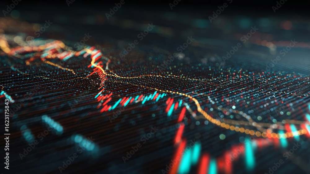 Poster close up of a stock market chart with red and green lines on a dark background with a shallow depth