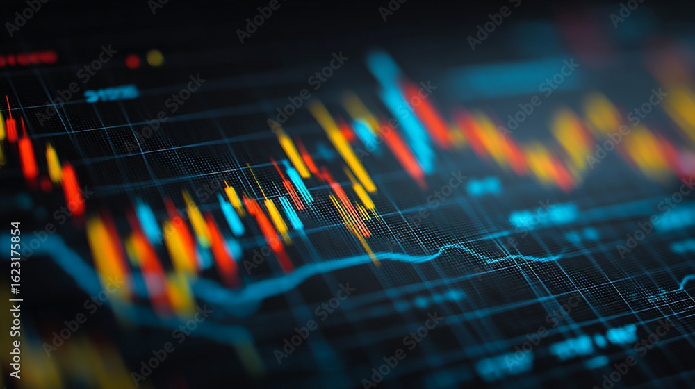 Poster close up of a stock market chart with red yellow and blue lines on a dark background with grid lines