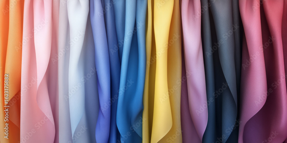 Poster vibrant draped fabric rows showcase a full spectrum of color and texture. perfect for textile backgr