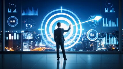 A businessman stands before a large digital screen, interacting with a glowing target and data visualizations, symbolizing business goal setting, success strategy, and data-driven decisions. - Powered by Adobe