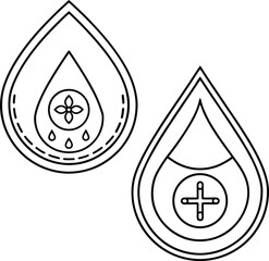 Two symmetrical teardrop-shaped icons, both featuring distinct symbols inside—a floral pattern and a cross, created in a clean, black and white line art style.