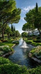 Lush landscaped canal with fountains
