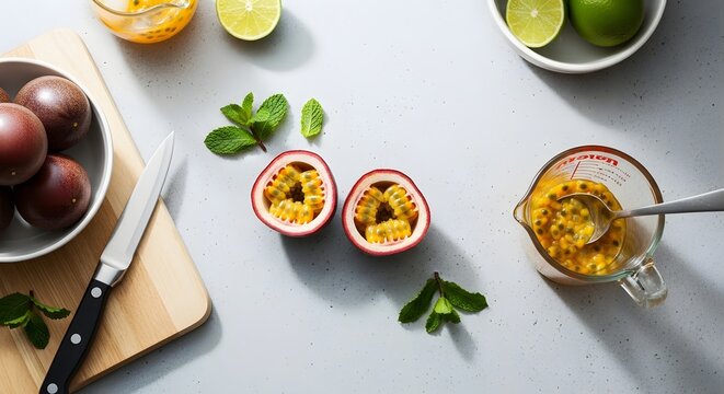 Passion fruit halves, ingredients, and preparation for a drink, displayed on a light surface.