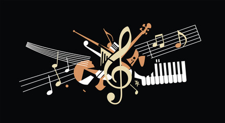 Abstract Musical Composition Vector – Vintage Instrument & Note Collage on Black Background for Creative, Cultural, and Educational Themes
