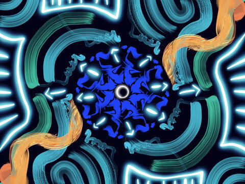 Neon shapes brush strokes and a vortex of blue.
