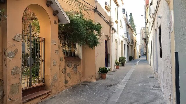 Badalona, Spain - May 18, 2022. View of the old street of Dalt la Vila, building with colourful facade, historic centre of Badalona, province of Barcelona, Spain.